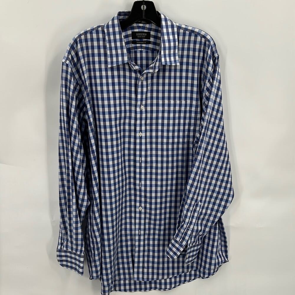 Nordstrom Men's Blue & White Checked Plaid Long Sleeve Button Shirt Size 171/2